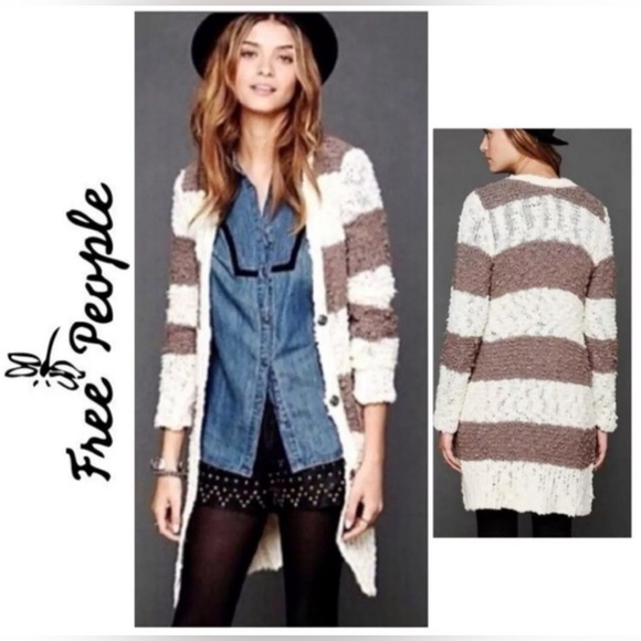 Free People Brown Off White Multi-Color Striped Long Cardigan Size XS - Picture 4 of 4